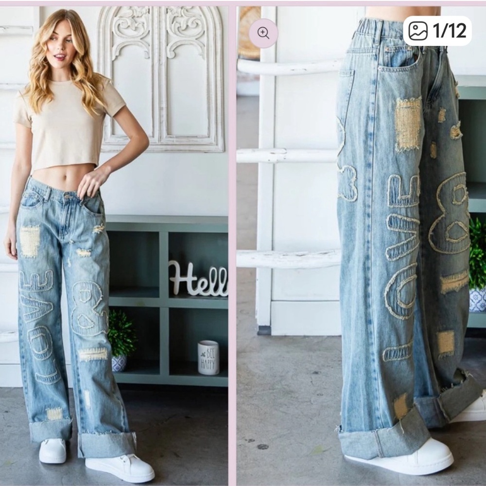 Oli & Hali Love Patch Wide Leg Baggy Denim Pants size Large Boho Distressed NWOT